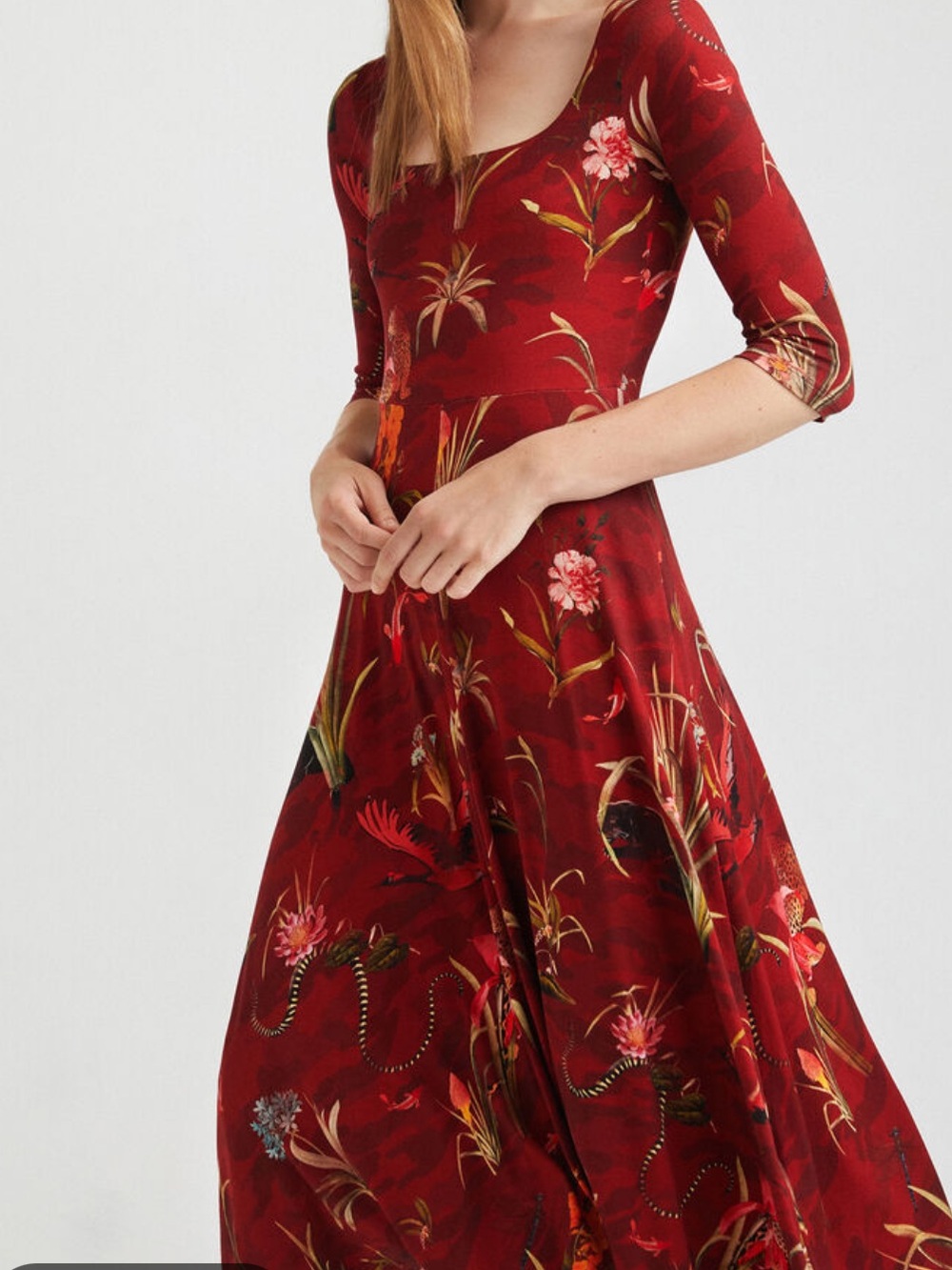 Desigual Red Marsh Creatures Low Necked Flounce Midi Dress Size XL Dragonfly